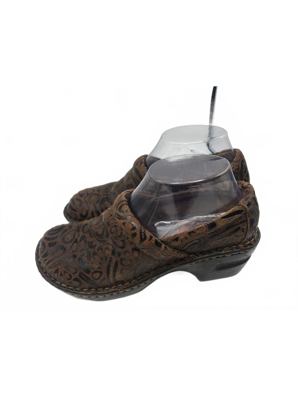 BOC Women's Shoes Nursing Comfort Brown Paisley Embossed Leather Slip On Sz 6.5